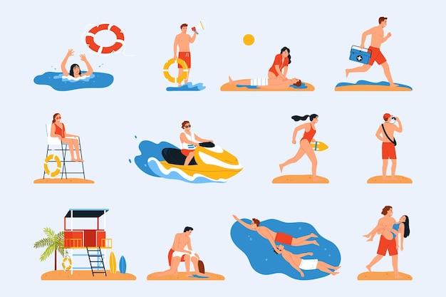 Free vector lifeguards color set with isolated icons and compositions of inflatable rings and human characters of lifesavers vector illustration