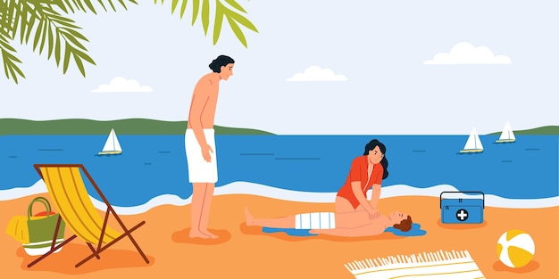 Vettore gratuito composizione di bagnini con paesaggi da spiaggia e persone scarabocchiate che rianimano persone annegate con l'illustrazione vettoriale della scatola del kit di pronto soccorso