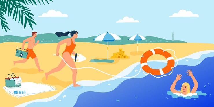 무료 Vector 가라앉는 사람의 벡터 삽화를 구하기 위해 해변에서 달리는 남자와 여자의 낙서 캐릭터로 인명구조원 구성