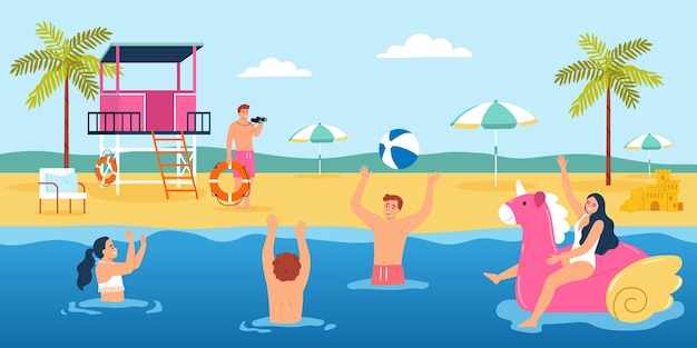 Free vector lifeguards composition with outdoor scenery of sandy beach with people puddling in water and male lifeguard vector illustration