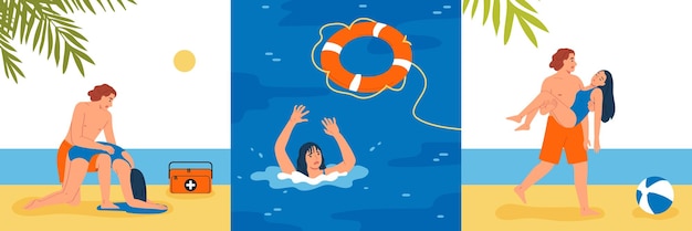 Free vector lifeguards set of three square compositions with doodle characters of sinking woman receiving help from lifesaver vector illustration