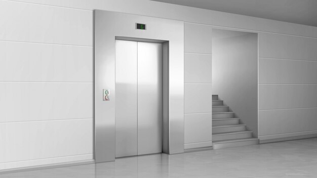 로비에서 문과 계단을 들어 올리십시오. 닫힌 금속 게이트, 버튼 및 스테이지 번호 패널이있는 엘리베이터.