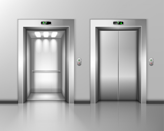Lift doors, elevator close and open. hall interior