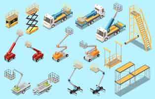 Free vector lifting machinery for height work isometric set of scissors lifts engine powered booms high rise staircases isolated vector illustration