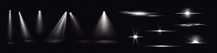 ฟรี Vector light beams from spotlights and flashes isolated on transparent background. realistic set of flare effects, bright white rays and glares with sparks. shines and flares of projector