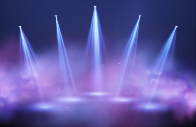Free vector light beams of spotlights in purple and blue puffs of smoke