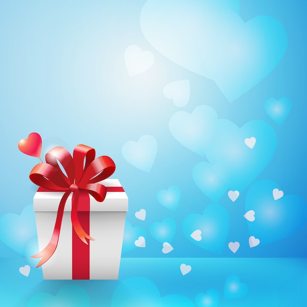 Light blue bokeh and hearts background with vertical white carboard gift box and red ribbon bow in corner flat