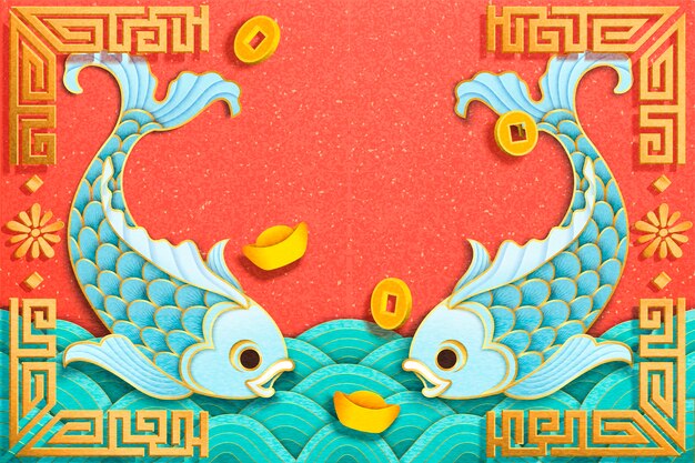 Light blue fish and gold ingot elements in paper art style