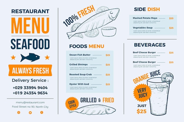 Free vector light blue restaurant menu for digital platform