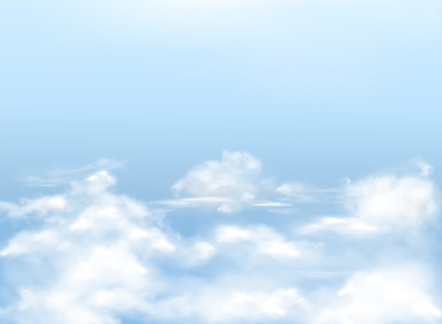 Голубое небо с белыми облаками, реалистичный фон, естественный баннер с небес. Бесплатные векторы