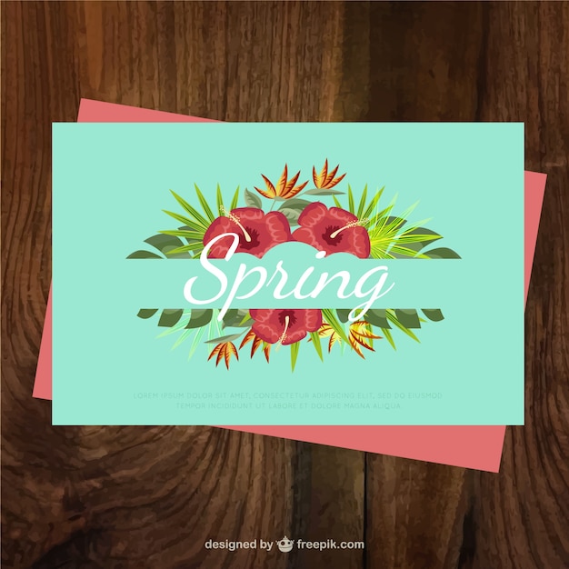 Light blue spring card with flowers and leaves