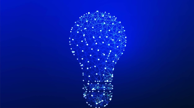 Light bulb energy saving lamp glasses mind and thinking solution abstract low poly wireframe mesh design from connecting dot and line vector illustration on blue background