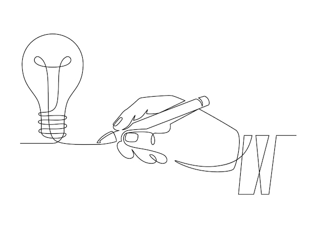 Идея лампочки. эскиз рука с пером, рисующим одну лампочку линии, изобретение или символ творческого мышления. новый проект, концепция вектора мозгового штурма. идея запуска, иллюстрация создания нового бизнеса