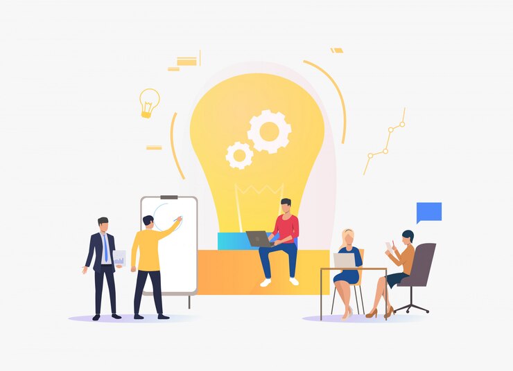 Free Vector light bulb, people discussing ideas and working