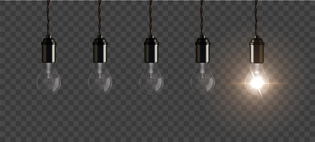 Лампочки свисают с потолка реалистичные трехмерные стеклянные электрические лампы с одной яркой лампочкой, светящейся символом творческих инноваций, энергии вдохновения на прозрачном фоне