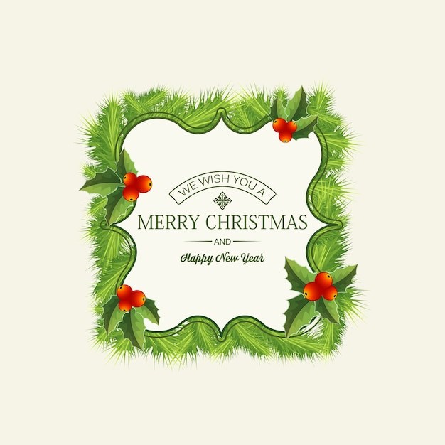 Free vector light christmas card with festive text in elegant frame fir branches and holly berries