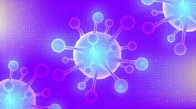보라색 배경, 의료 의료 및 미생물학 개념, covid-19 발발을위한 디자인에 가벼운 코로나 바이러스 2019-ncov.