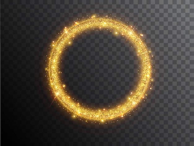 Light effect circle shape on a black background. gold glowing neon circle with luminous dust and glares. luminous circle. abstract stylish light effect.