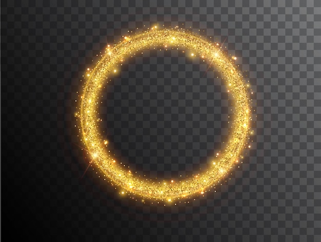 Light effect circle shape on a black background. Gold glowing neon circle with luminous dust and glares. luminous Circle. Abstract stylish light effect.