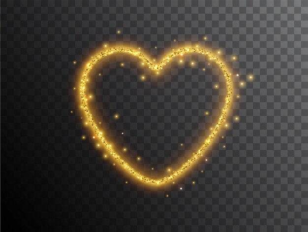 Light effect Heart shaped on a black background. Gold glowing neon Heart with luminous dust and glares. luminous Heart. Abstract stylish light effect.
