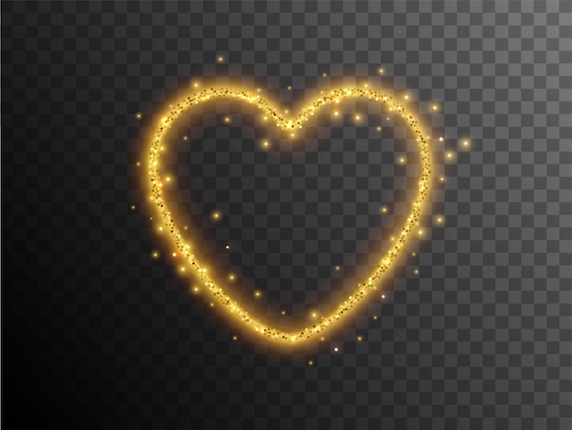 Световой эффект в форме сердца на черном фоне. Золотое светящееся неоновое Сердце со светящейся пылью и бликами. светящееся Сердце. Абстрактный стильный световой эффект.