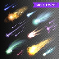 Light effects collection with comets meteors and fireballs isolated on transparent background