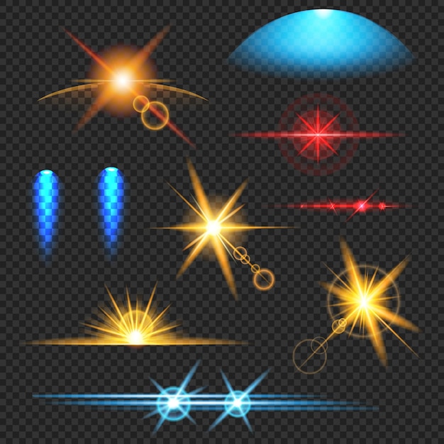 Бесплатное векторное изображение Световые эффекты красочный набор лучевых блесток сияющих вспышек и освещенных поверхностей, изолированных на темном прозрачном фоне векторной иллюстрации