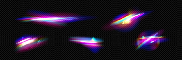 Free vector light flare with rainbow shining effect realistic vector illustration of refraction of sun rays through glass or diamond iridescent optical impact of beams passing through prism or jewelry