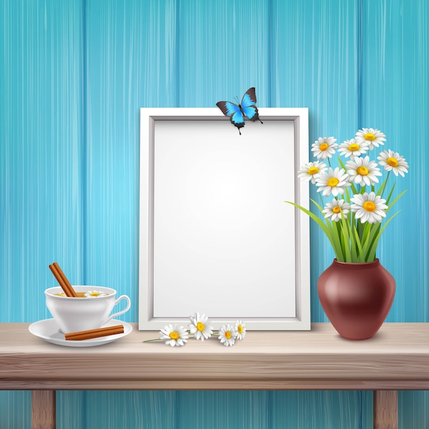 Free vector light frame mockup with cup vase flowers and butterfly in realistic style