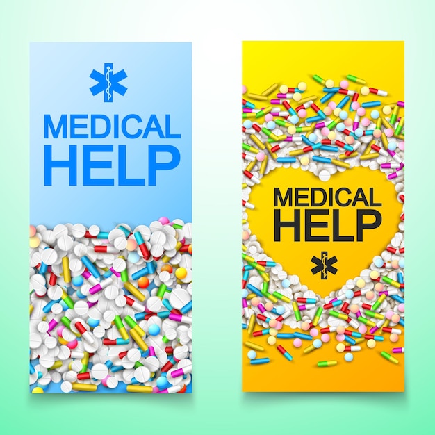 Free vector light healthcare vertical banners with inscriptions and colorful capsules drugs tablets pills illustration