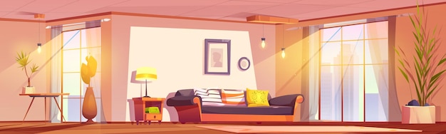 窓から都市風景が見える近代的なアパートの明るいリビングルーム ⁇ テーブルのソファーランプで家のインテリアのベクトル漫画イラスト ⁇ 床の壁のカーペットに囲まれた写真 ⁇ 朝の太陽の光