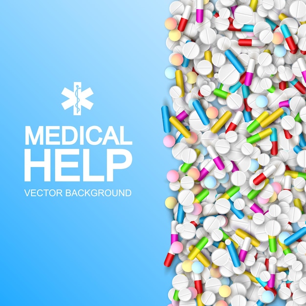 Vettore gratuito modello di trattamento medico leggero con capsule colorate pillole e farmaci sull'azzurro