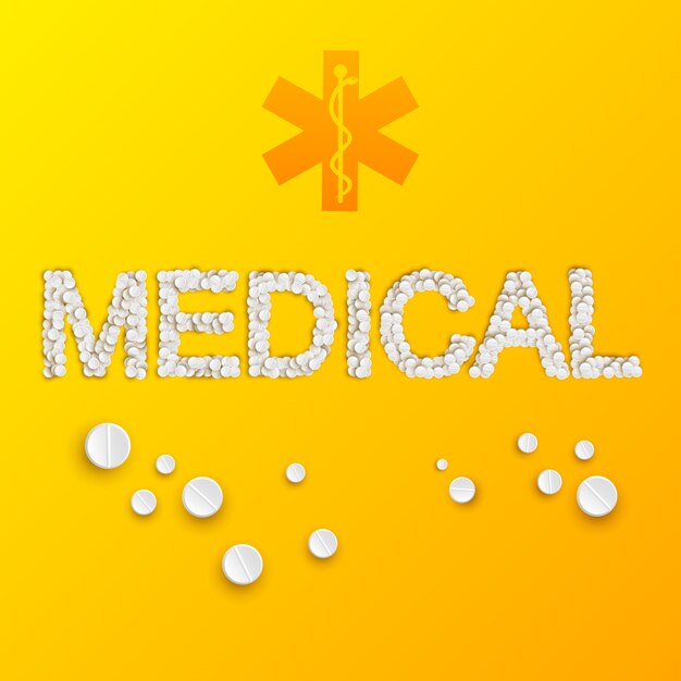 Легкий шаблон медицины с медицинской надписью из таблеток и лекарств на желтом