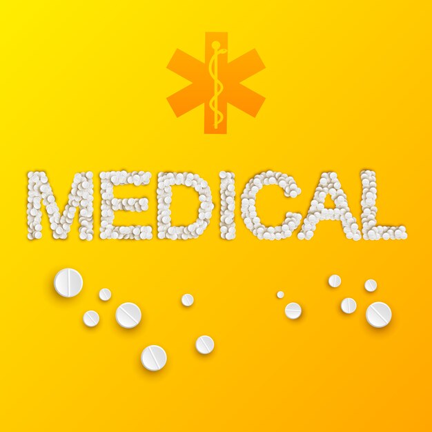 Light medicine template with medical inscription from pills and drugs on yellow