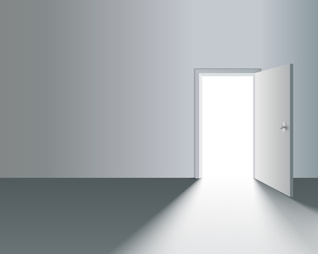 Легкая открытая дверь в белой стене с тенью