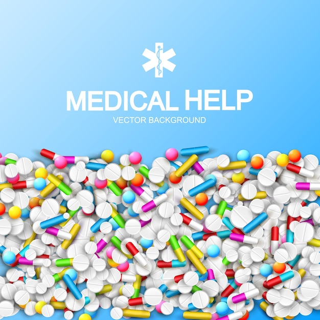 Vettore gratuito modello di farmacia leggera con capsule colorate pillole compresse e rimedi sull'illustrazione blu