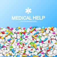 Free vector light pharmacy template with colorful capsules pills tablets and remedies on blue illustration