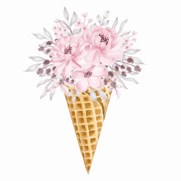 Vettore gratuito cono gelato bouquet di fiori selvatici rosa chiaro