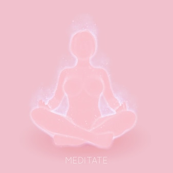 Meditazione rosa chiaro della donna. posa yoga di rilassamento. pratica spirituale asiatica. energia magica incandescente e spakrs.