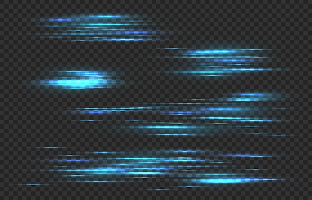 Light speed lines. car fast motion trail effect, horizontal blue neon linear glow. laser stream, quick movement, power tails isolated vector set isolated on transparent background