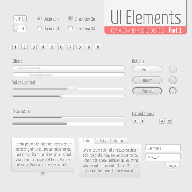 Light ui elements part 1: sliders, progress bar, buttons, authorization form, volume control etc.