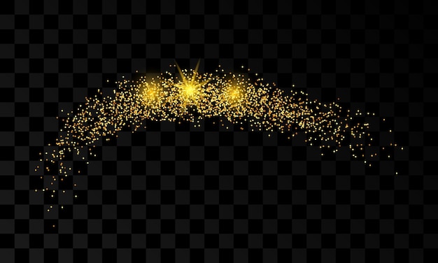 Световая волна с эффектом золотого блеска на темном прозрачном фоне. абстрактные линии водоворота. векторная иллюстрация