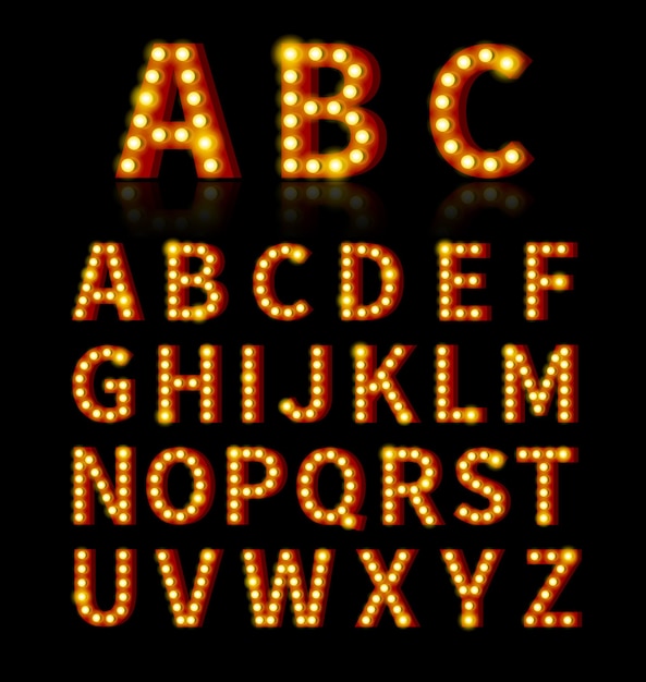 電球フォント。テキストとサイン、電球の明るい、アルファベットのデザイン。