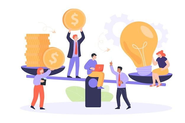 Lightbulb and gold coins on scale flat vector illustration. tiny employee, men and women comparing creative ideas or innovation and finance. profit, economy, assessment, comparison concept