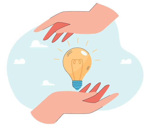 Lightbulb between huge hands as symbol of new idea. Innovative invention flat vector illustration. Innovation, startup, creativity, imagination concept for banner, website design or landing web page