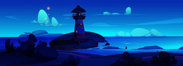 Free vector lighthouse on beach near sea vector landscape background light house illustration in dark cartoon coast scene beautiful nature environment at midnight fantasy adventure bay shore panorama art