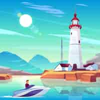 Free vector lighthouse in harbor and powerboat with man passing by dwellings and tower stand on rocky coast at sunny day