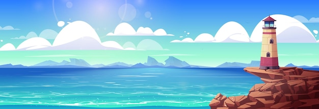 Free vector lighthouse on island cliff sea coast illustration