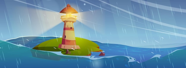 Free vector lighthouse on island in sea or ocean under rain