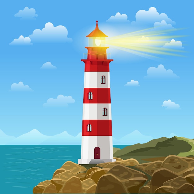 Lighthouse on ocean or sea beach illustration.